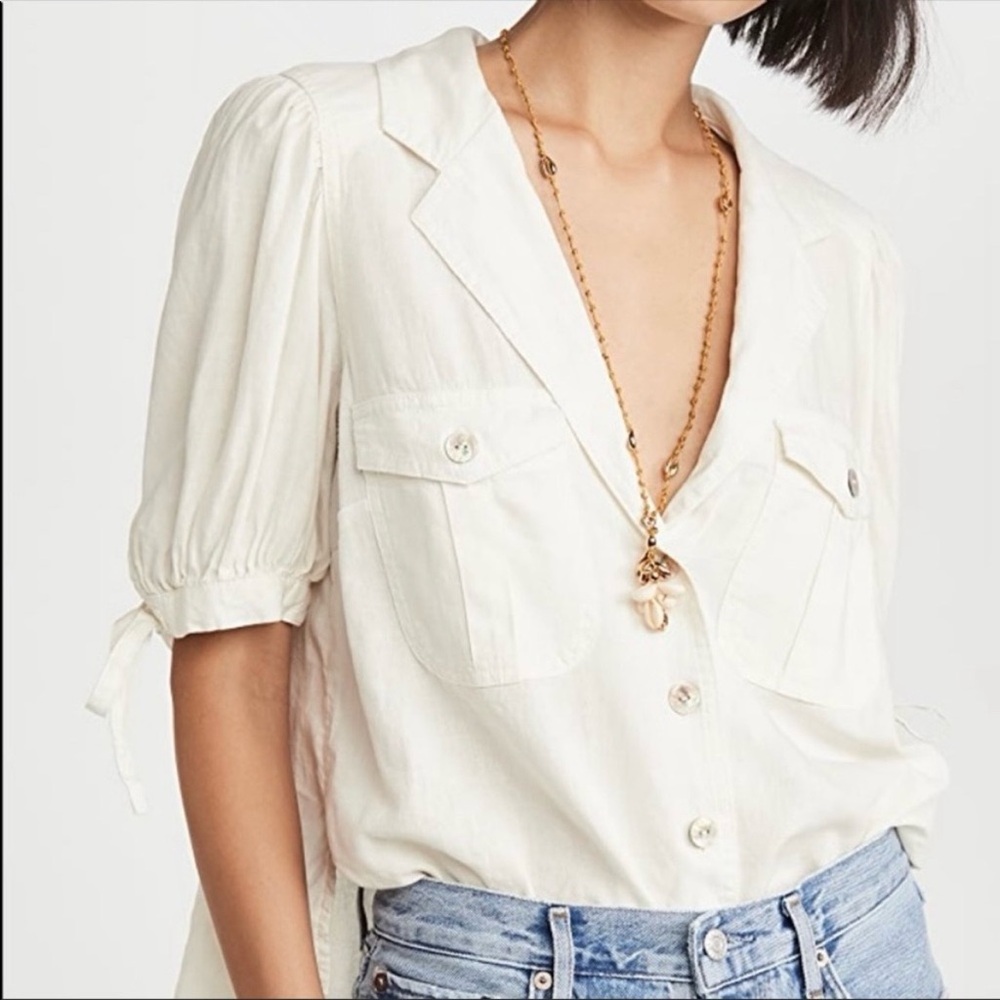 Free People Shirt Top Womens Medium White Linen Blend Safari Babe Button Up Boho